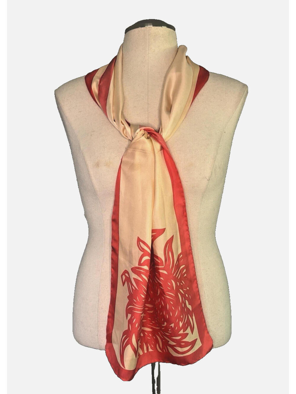 Vintage Y2K Ann Taylor Silk Scarf Shawl Red Peach Floral Hand Rolled 15"x70" EUC